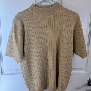 Sag Harbor Gold Ribbed Knit Sweater | Size Large | Short Sleeve Mock Neck Top